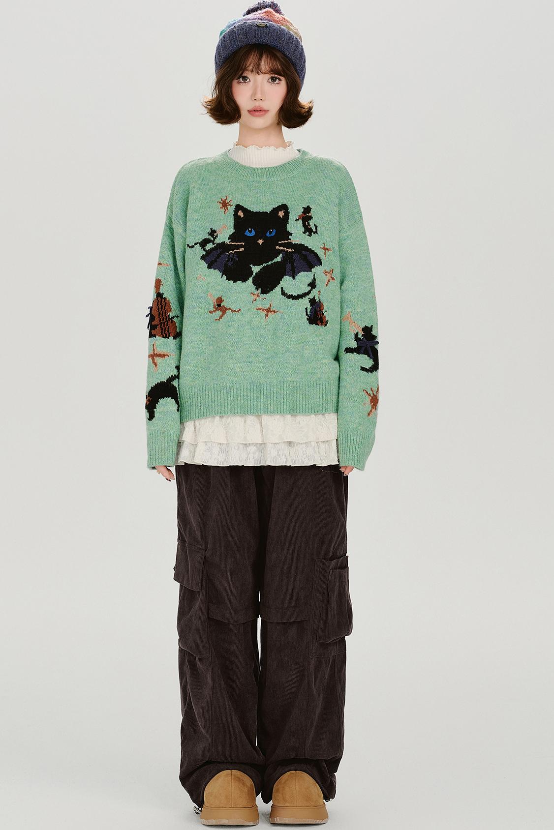 キャットジャガードレトロプルオーバートップス