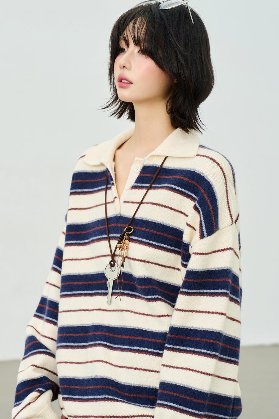 Striped Polo Collar Knit Sweater