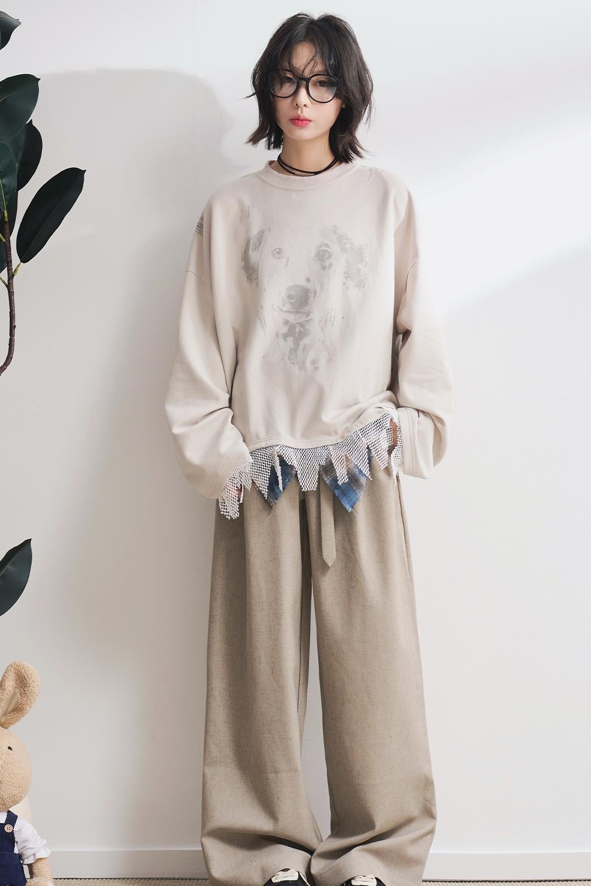 Dog Print Panel Long Sleeve T-Shirt