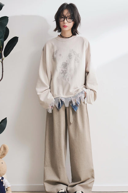 Dog Print Panel Long Sleeve T-Shirt