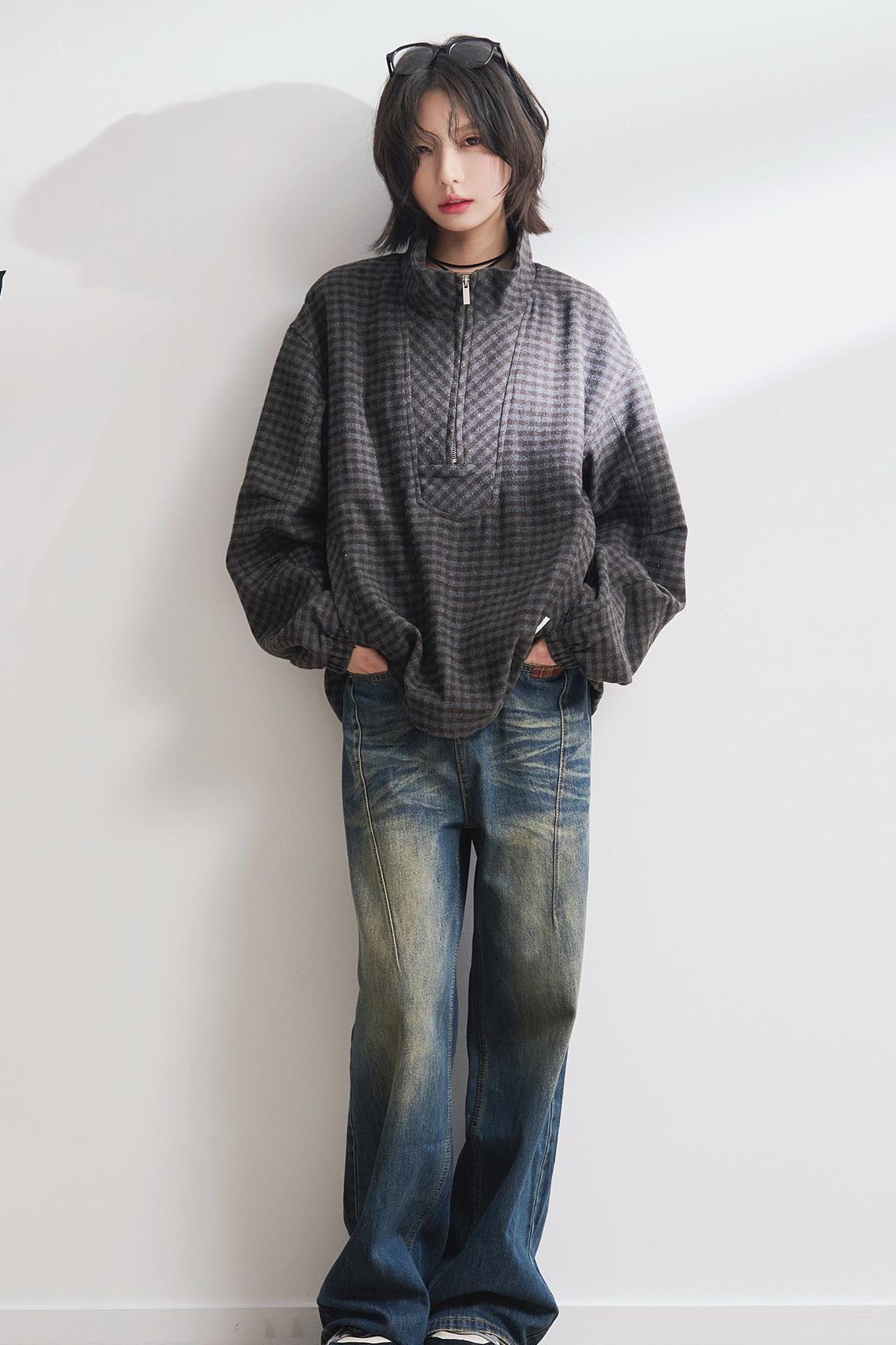 Half-zip stand collar check sweatshirt