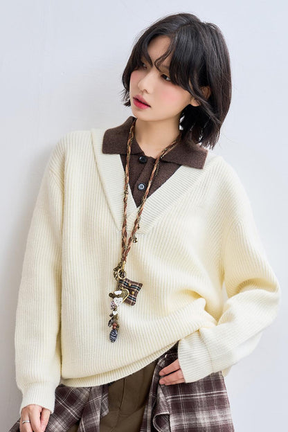 Knit Layered Lapel Collar Sweatshirt