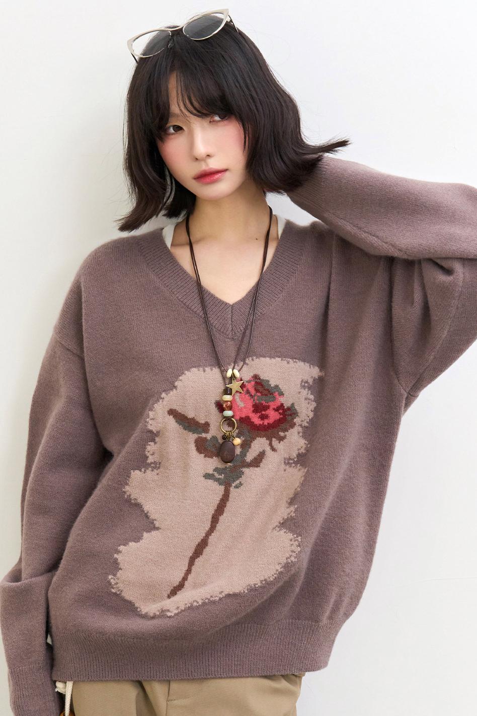 Rose Pattern Buoy Neck Sweater