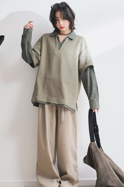 Shirt Collar Faux Two-Piece Tops