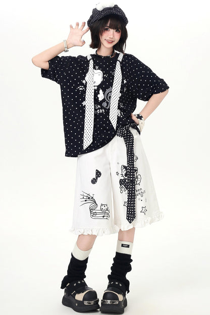 T-shirt ample à col noué à pois imprimé chat