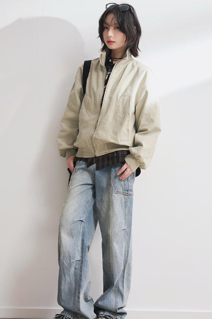 Relaxed Solid Stand Collar Jacket