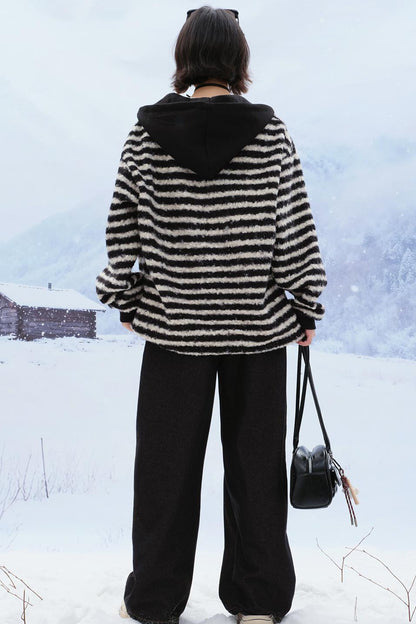 Striped plush hooded top