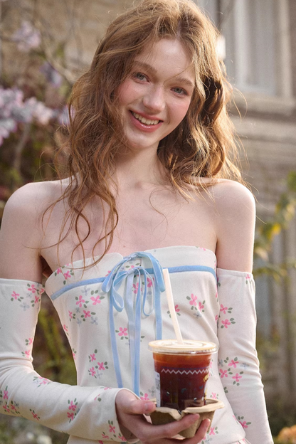 블루 벨벳 꽃무늬 리본 드레스