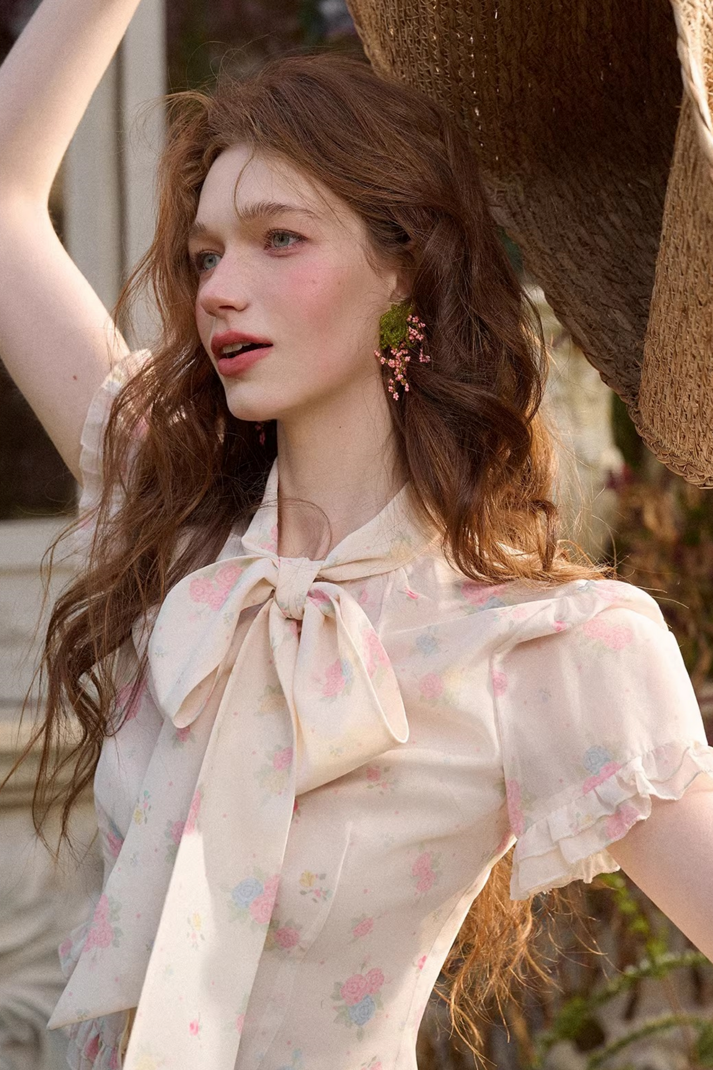 メディテラニアンプリントシフォントップス+スカート