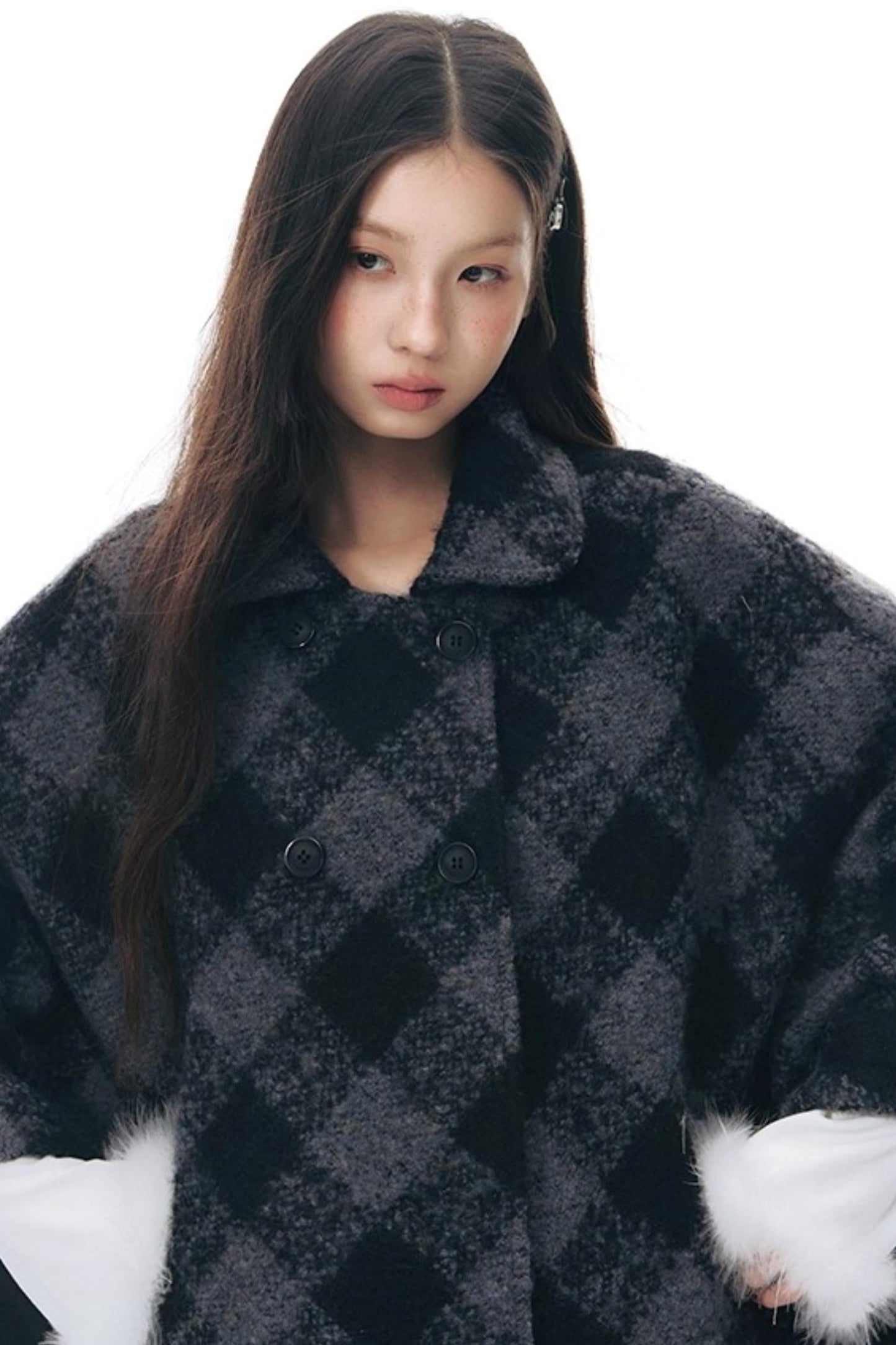 ファーカラーチェックケープコート