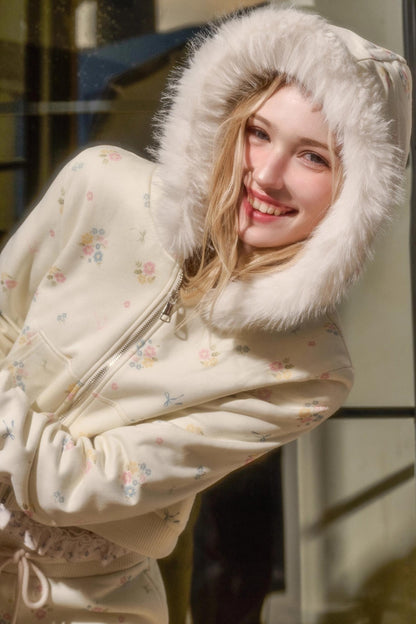 フローラルフラワーファーフードジャケット+ルーズコート+ロングパンツ