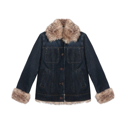 ファーカラーデニムジャケット+スカート