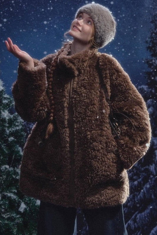 Reversible suede stand collar fur coat