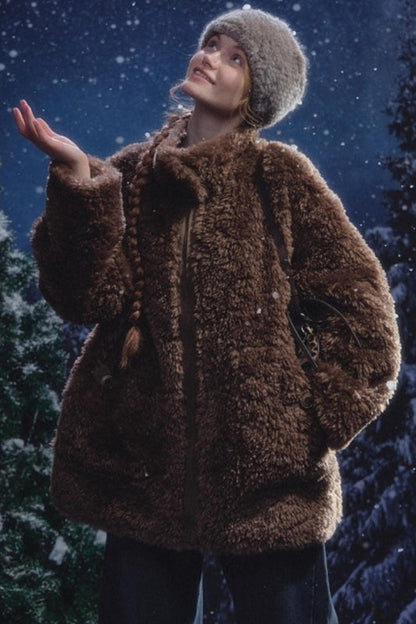 Reversible suede stand collar fur coat