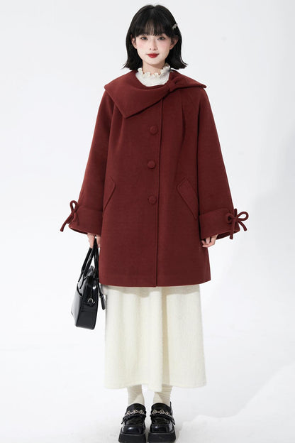 レッドアシンメトリーボウウールコート