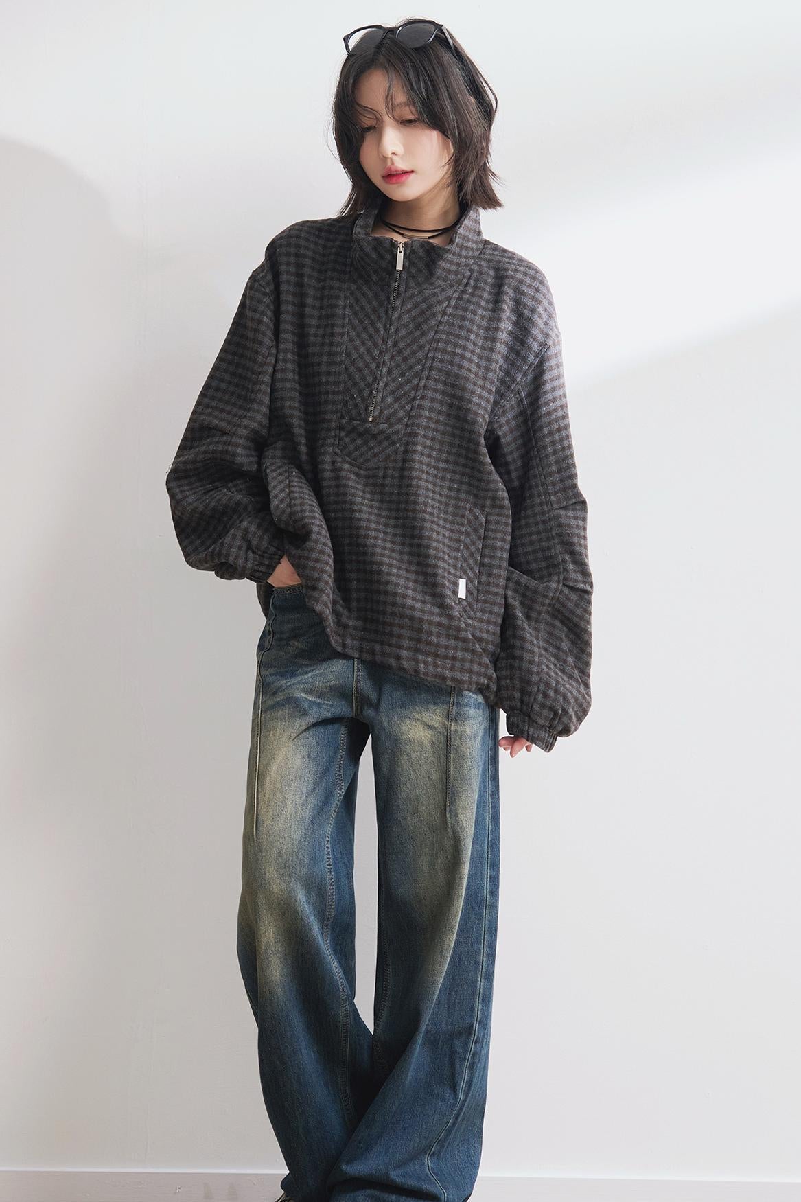 Half-zip stand collar check sweatshirt