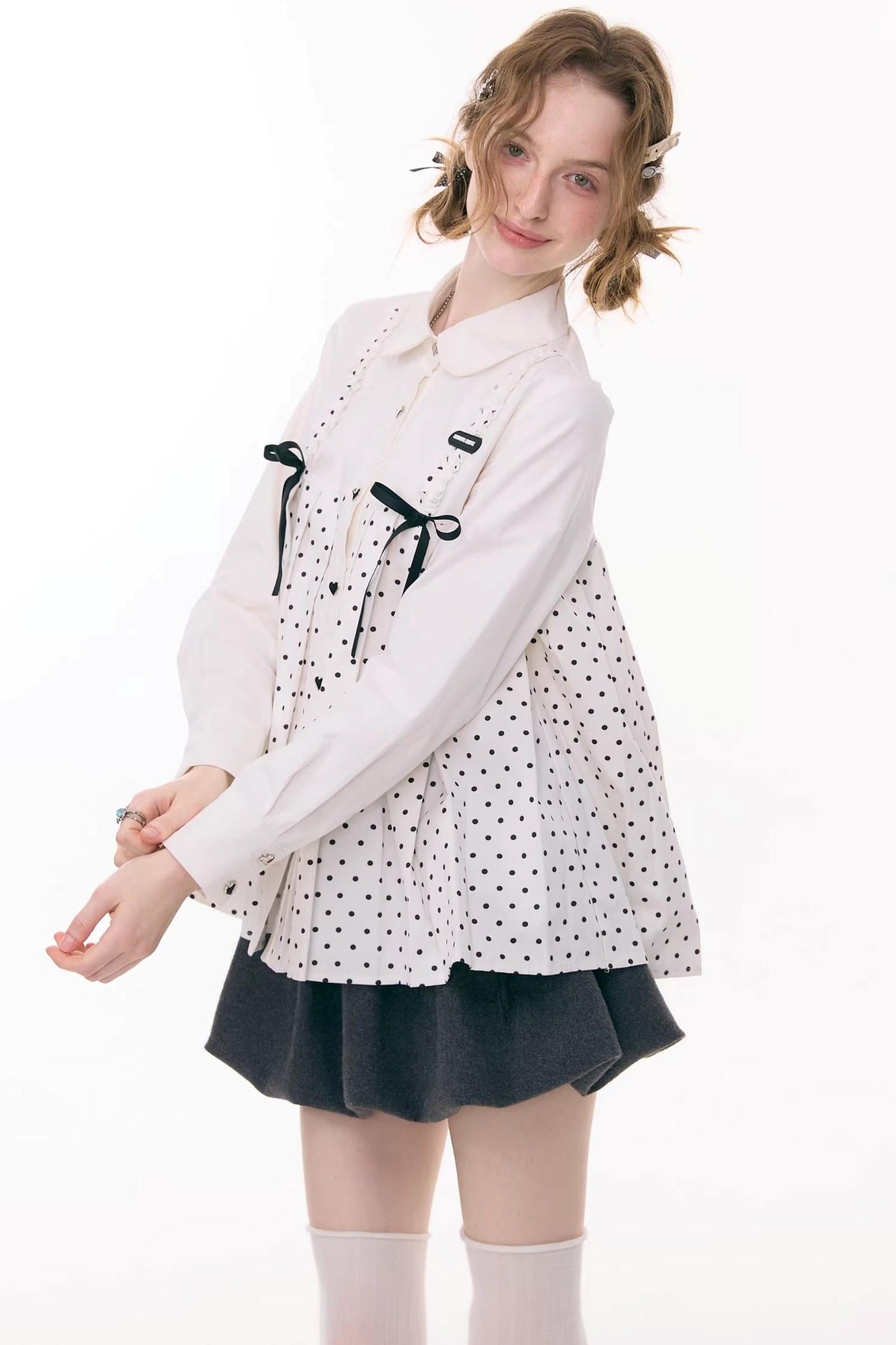 Polka Dot Bow Collar Blouse