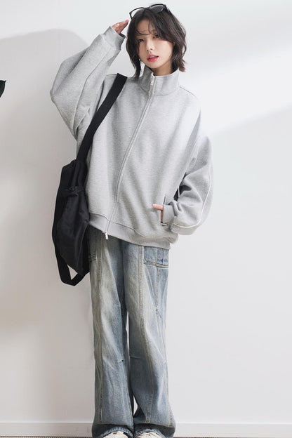 Solid Stand Collar Cardigan Jacket