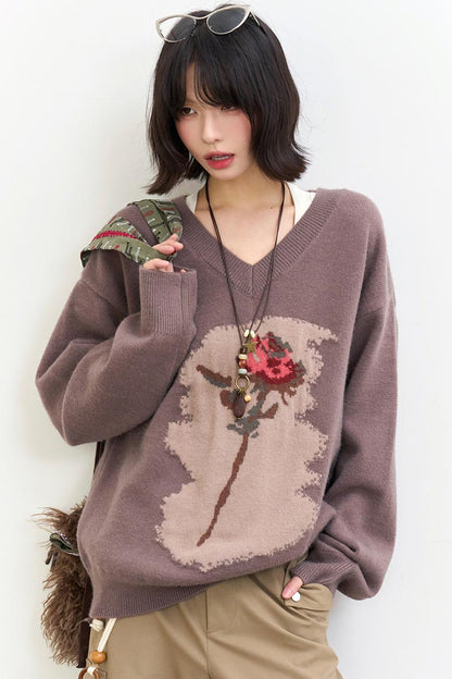 Rose Pattern Buoy Neck Sweater