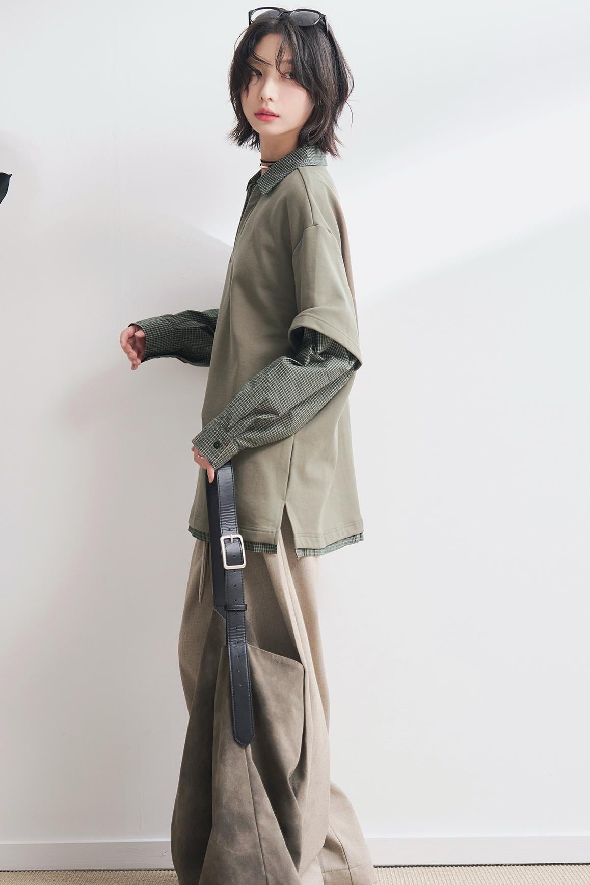 Shirt Collar Faux Two-Piece Tops