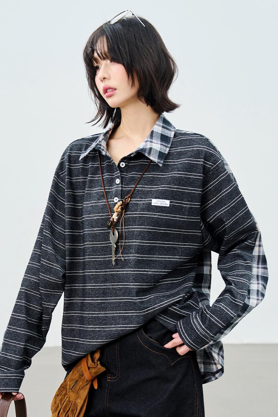 パッチワークストライプカラードシャツ