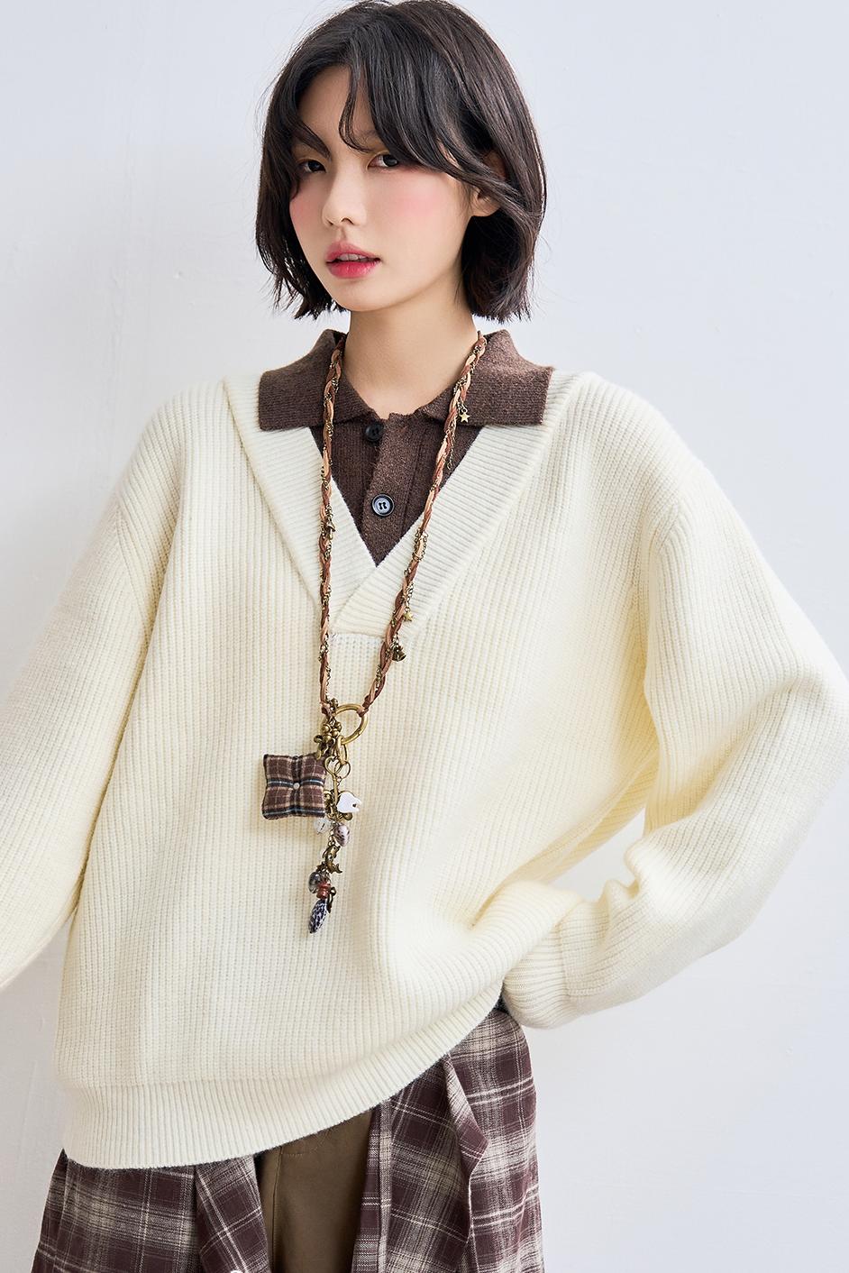 Knit Layered Lapel Collar Sweatshirt