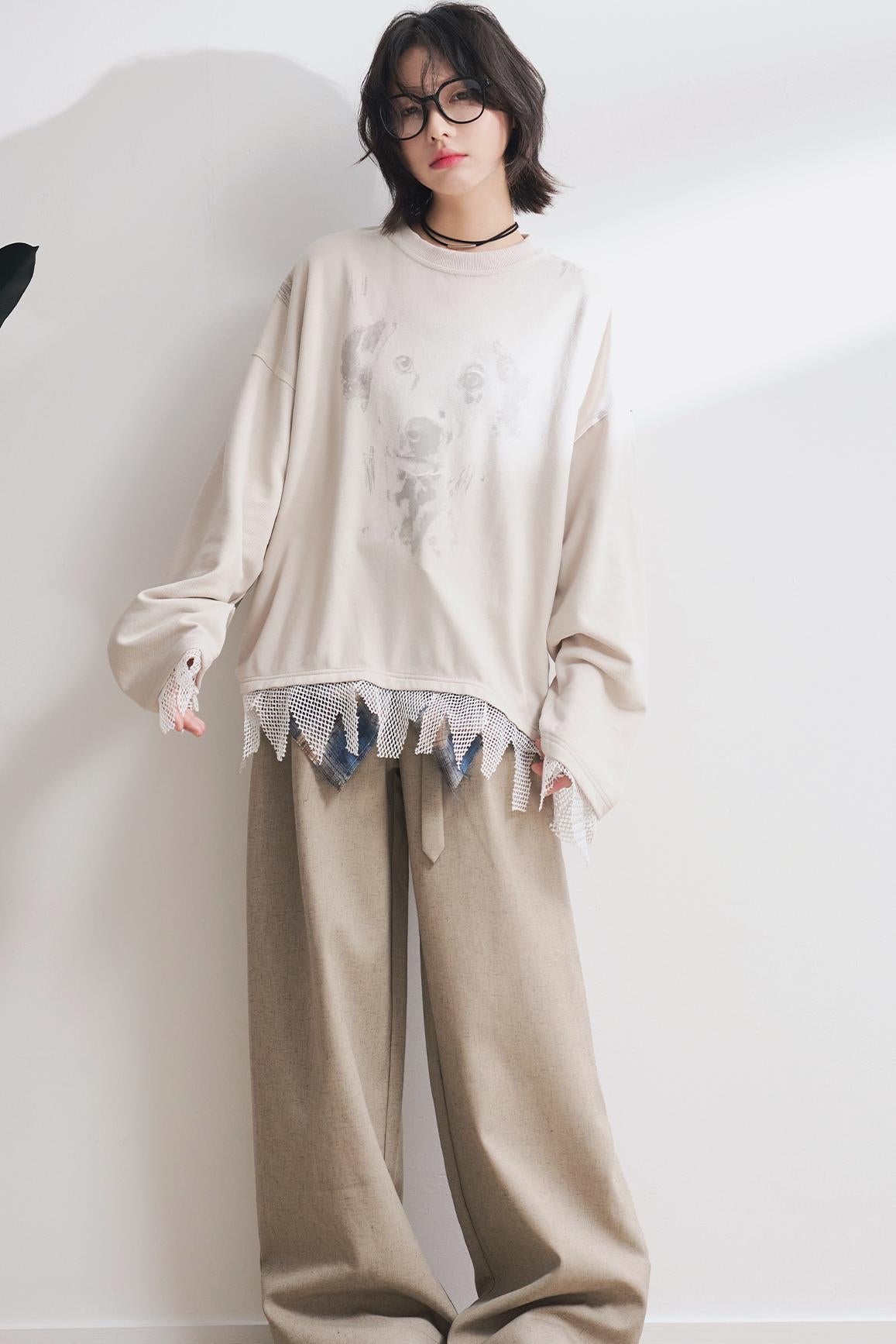 Dog Print Panel Long Sleeve T-Shirt