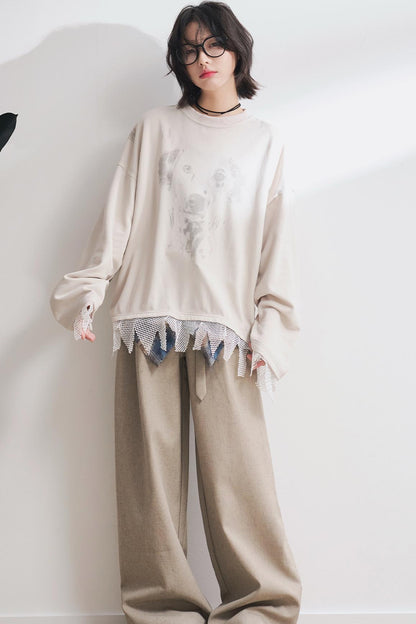 Dog Print Panel Long Sleeve T-Shirt