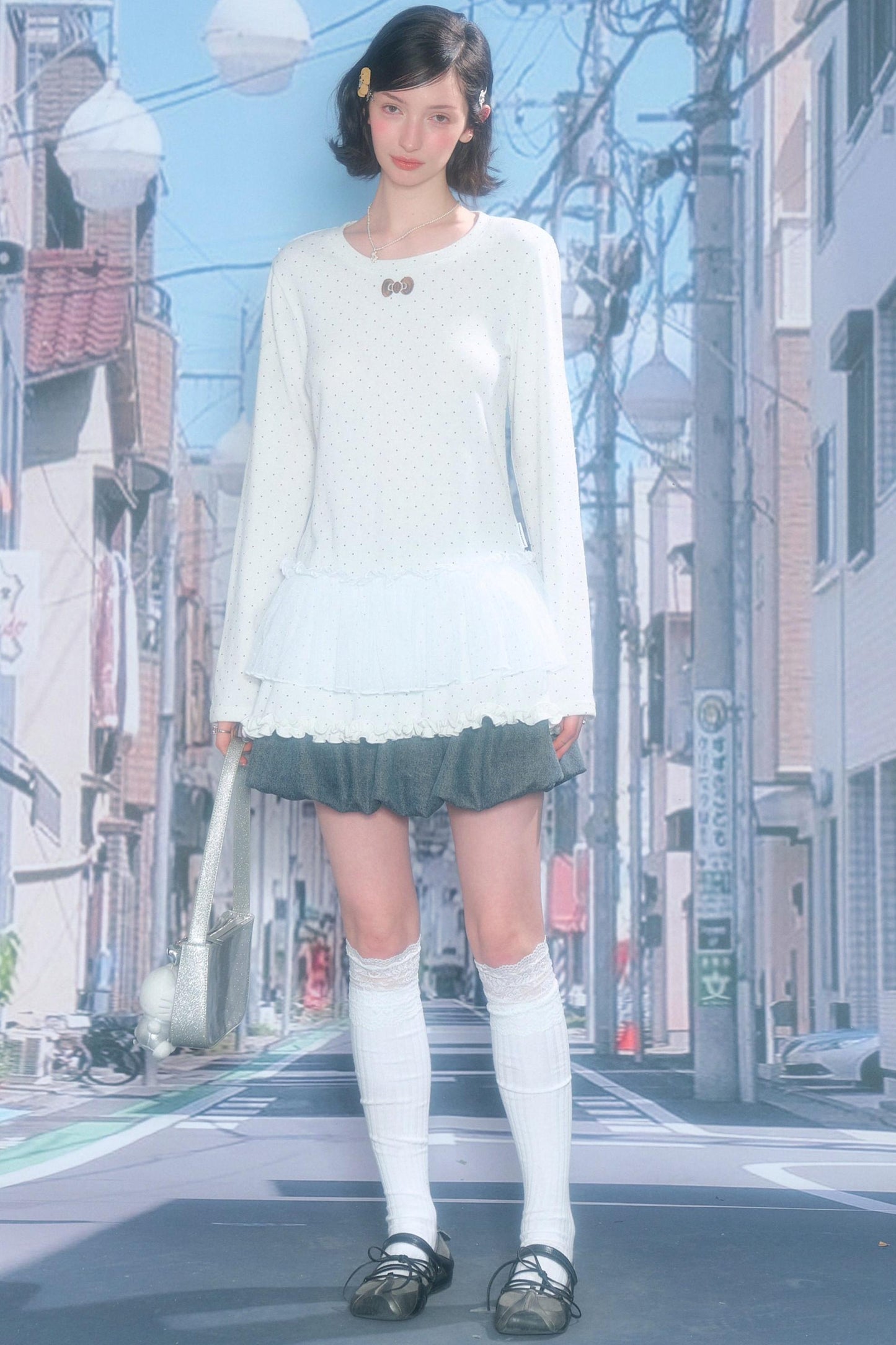 Lace Pleated Polka Dot Blouse