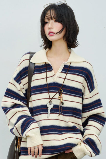 Striped Polo Collar Knit Sweater