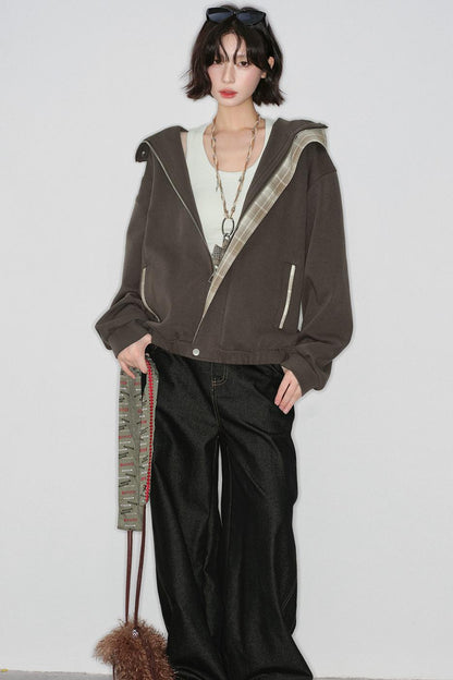 Plaid Patchwork Hooded Cardigan