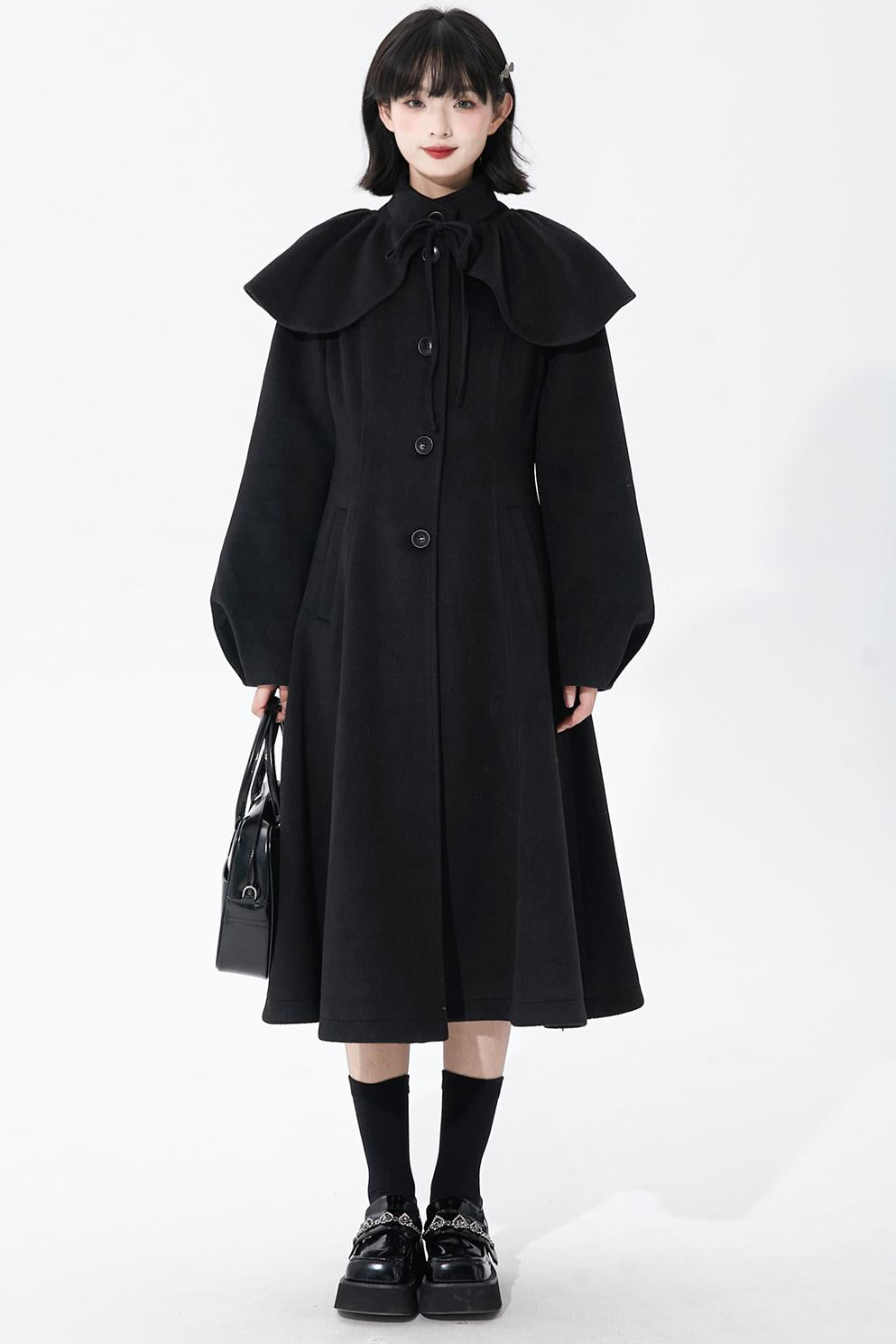 ブラックウールンショールコート