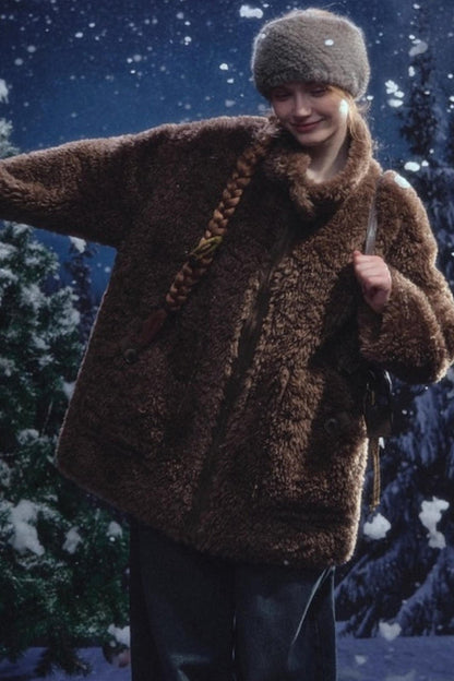 Reversible suede stand collar fur coat