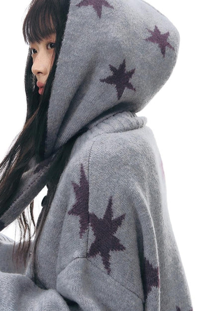 Reversible Star Cardigan + Fur Ball Hooded Scarf