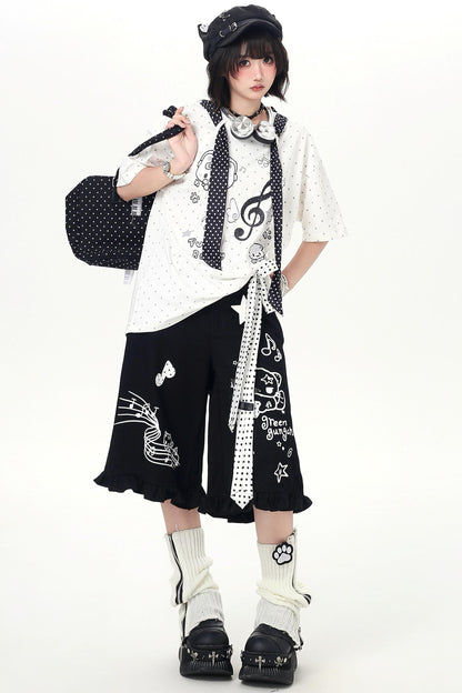 T-shirt ample à col noué à pois imprimé chat