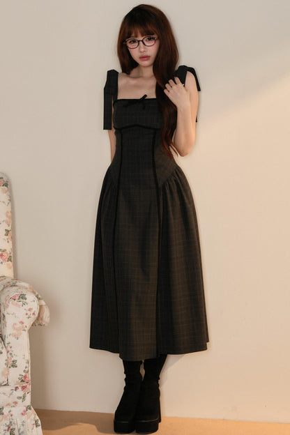 ブラックトップス＋リボンショルダーチェックJSKドレスセットアップ