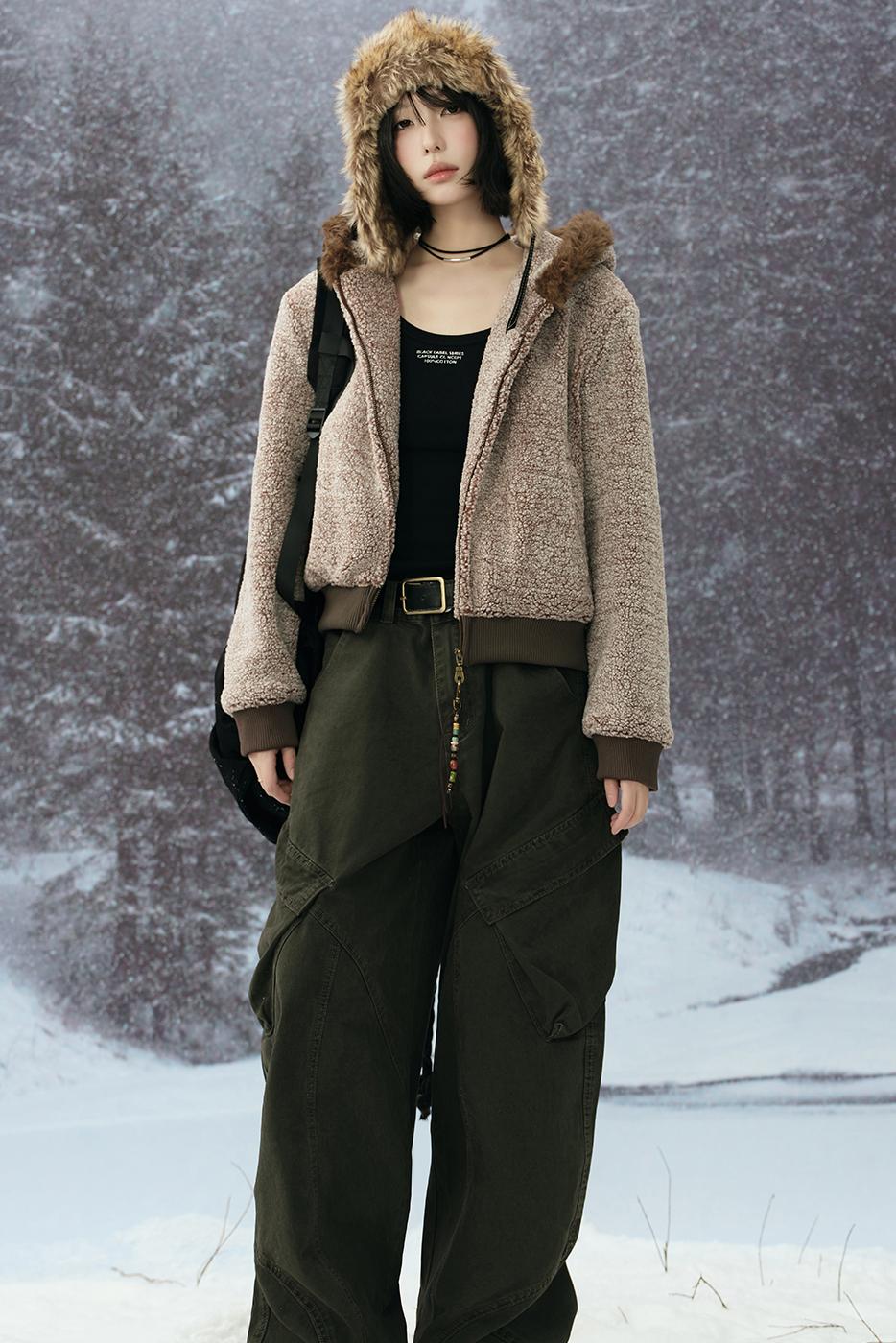 Wool Fur Collar Hooded Jacket