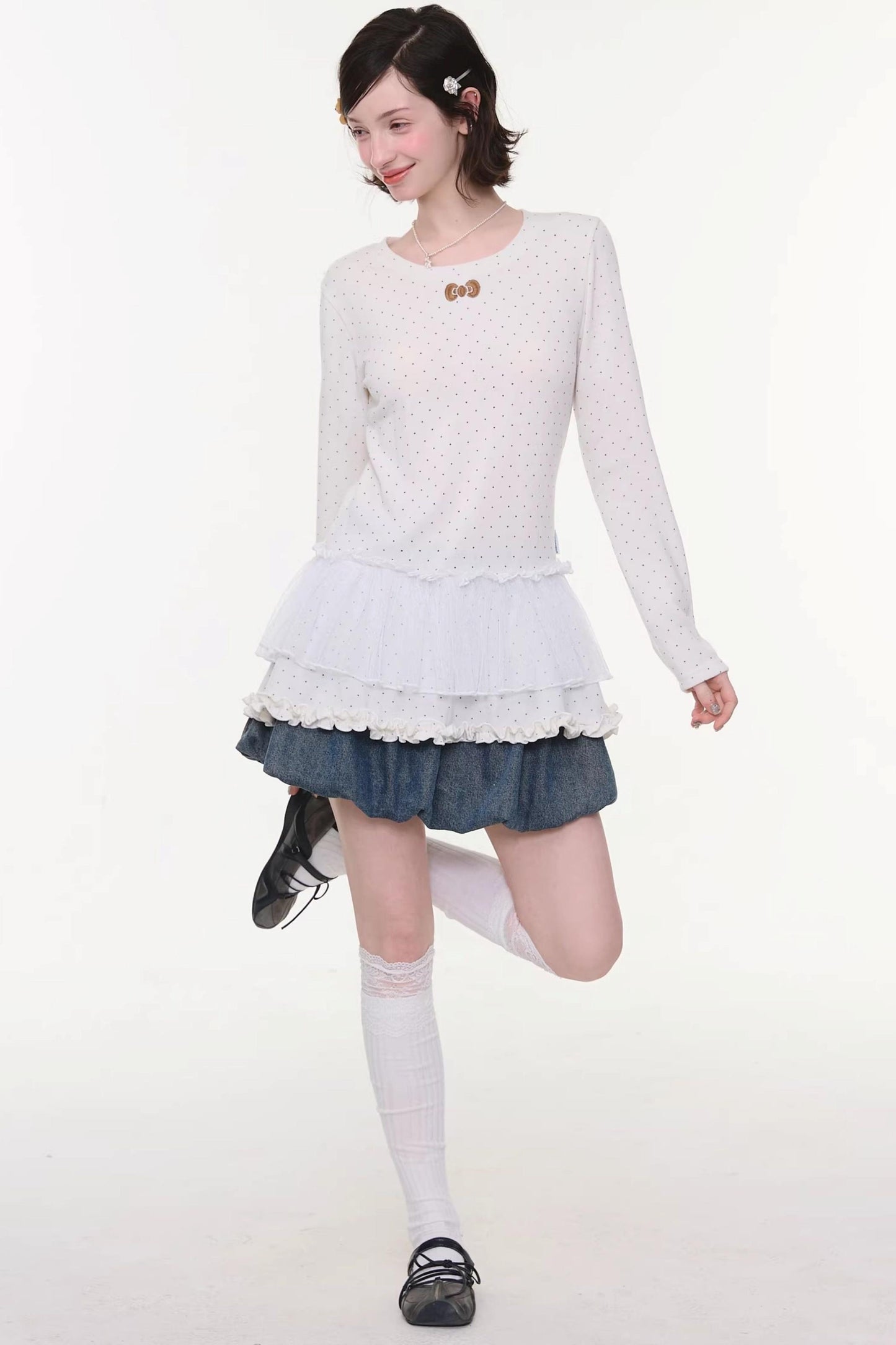 Lace Pleated Polka Dot Blouse