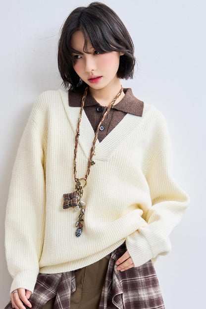 Knit Layered Lapel Collar Sweatshirt