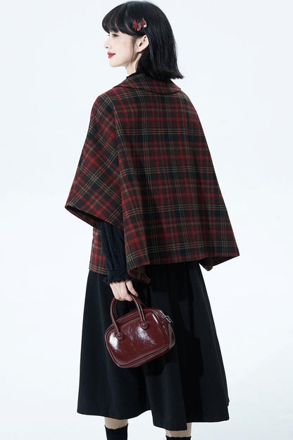 レッドブラウンチェックケープコート