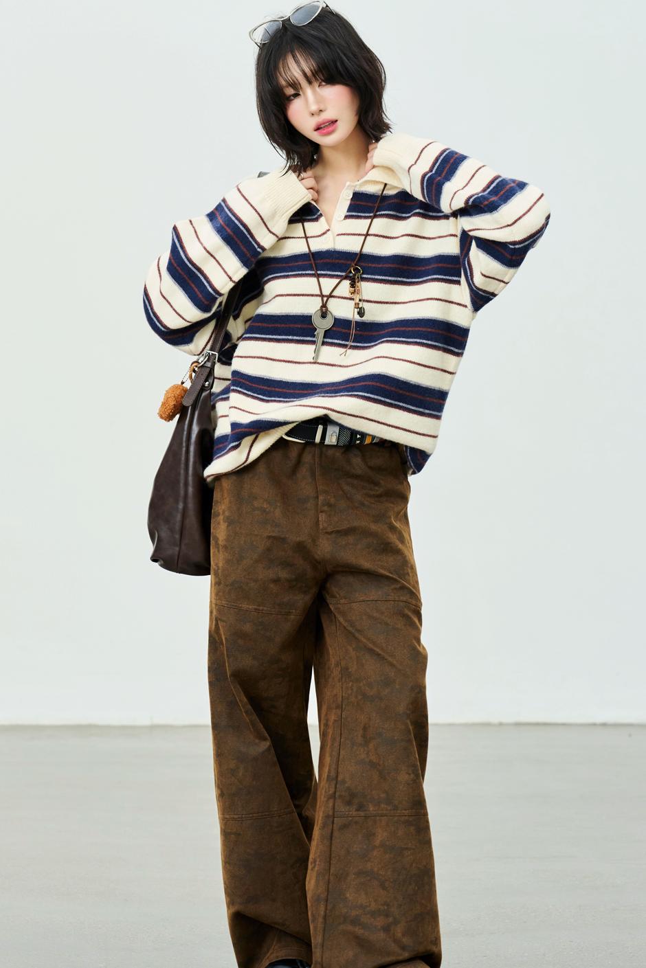 Striped Polo Collar Knit Sweater