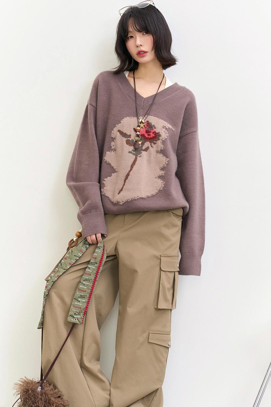 Rose Pattern Buoy Neck Sweater