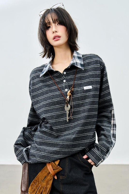 Patchwork Striped Collared Shirt