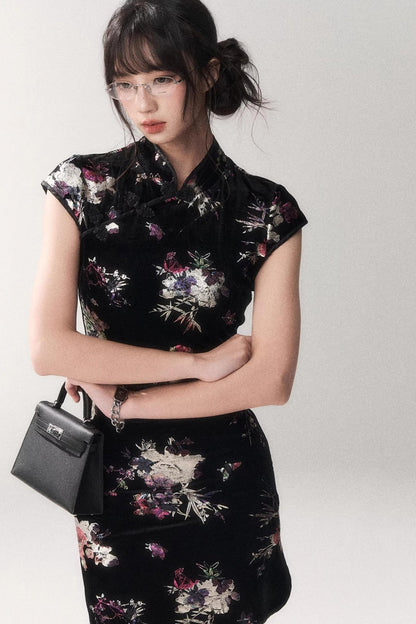 Gold Embellished Velvet Cheongsam Dress