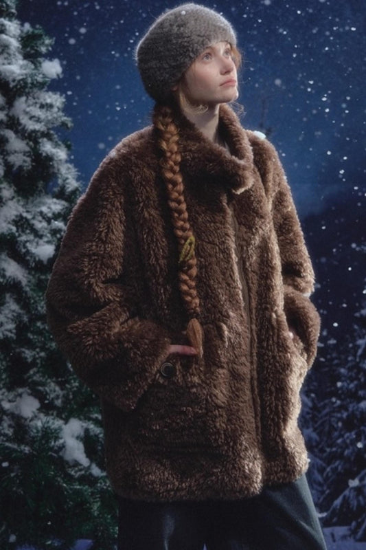 Reversible suede stand collar fur coat