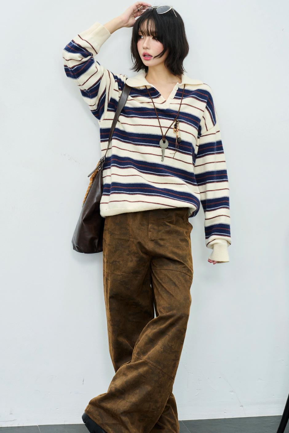 Striped Polo Collar Knit Sweater