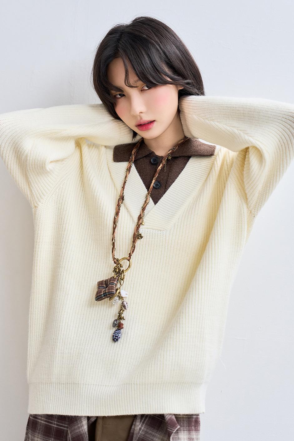 Knit Layered Lapel Collar Sweatshirt