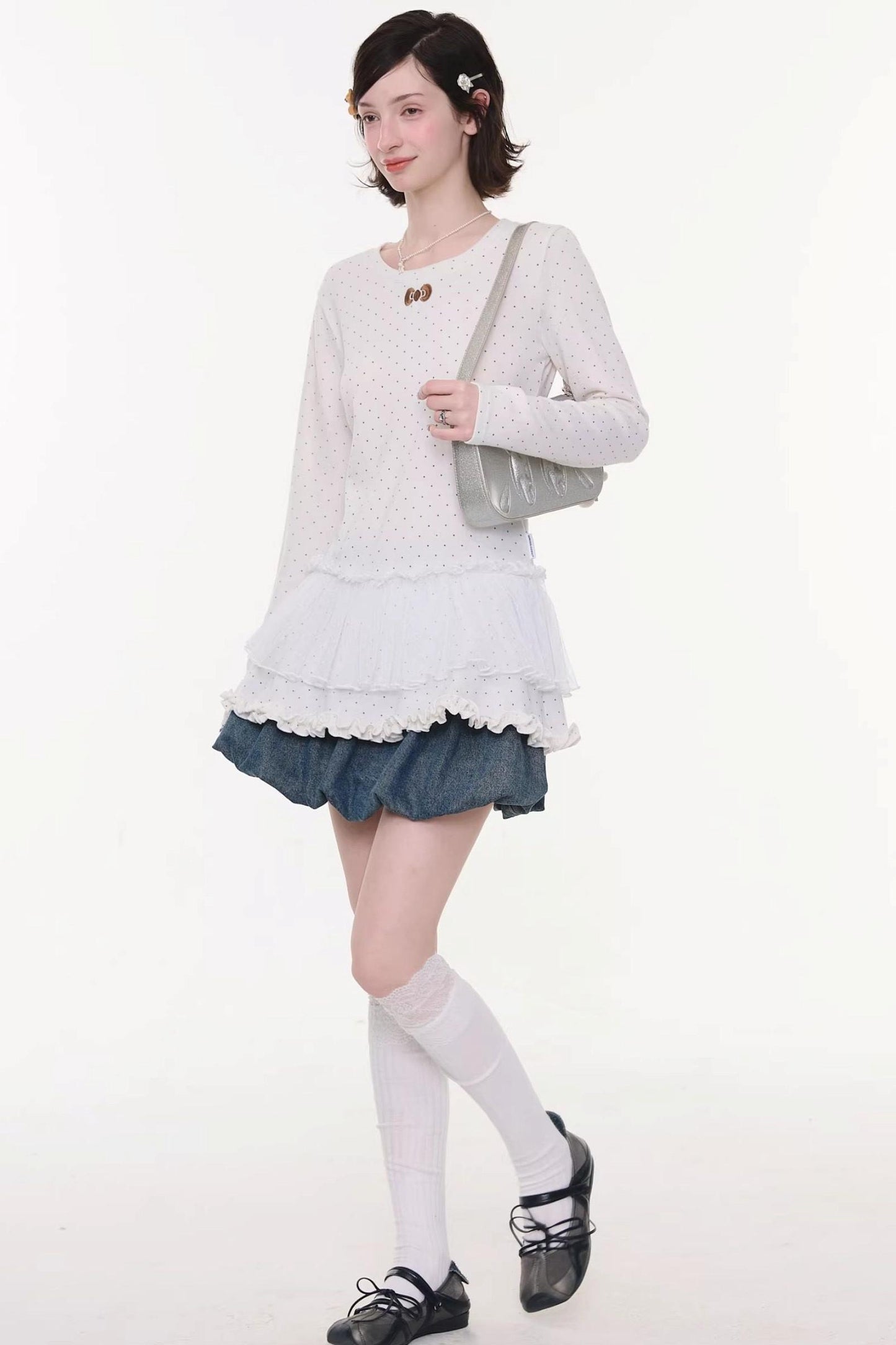 Lace Pleated Polka Dot Blouse