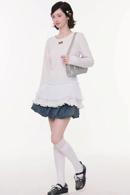 Lace Pleated Polka Dot Blouse