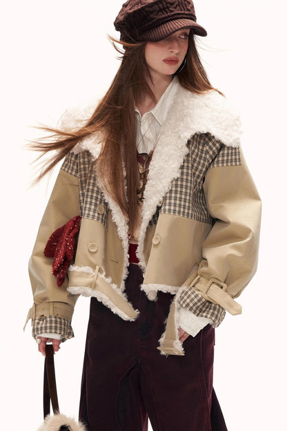Plaid Patchwork Fur Collar Jacket